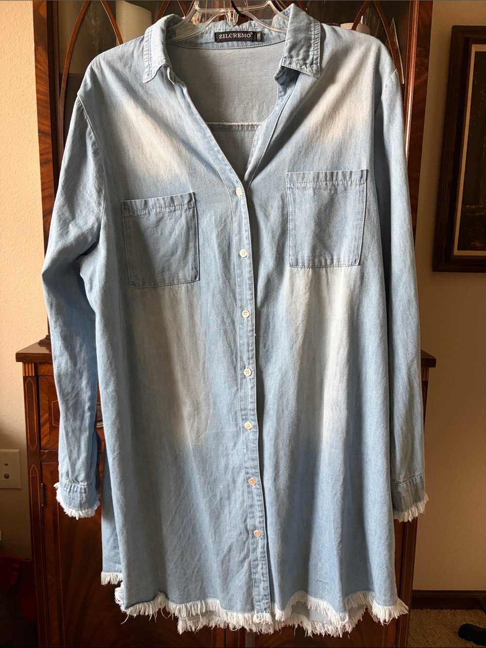 Zilcremo Washed Denim Button Front Long Sleeved Fringed Hem Dress Size 2XL